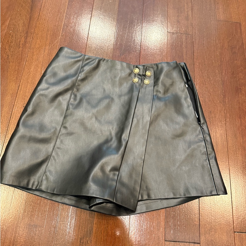 Zara Black Leather Skort with Gold Accents